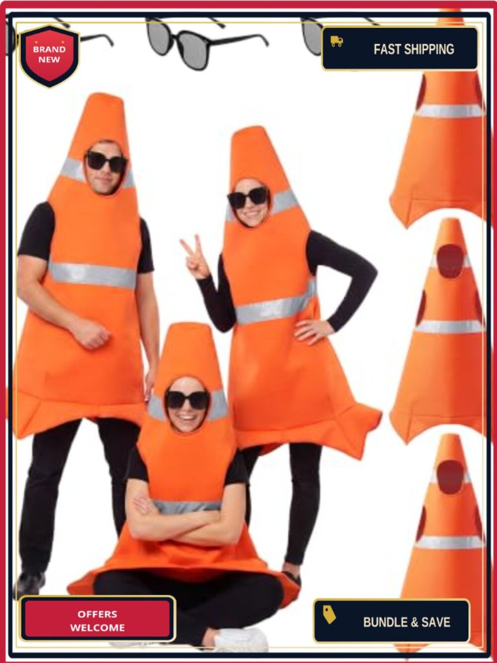 Adult Traffic Cone Costume 3 Piece Set with Glasses Halloween Cosplay